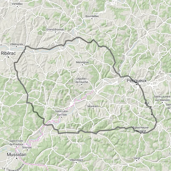 Miniatua del mapa de inspiración ciclista "Ruta escénica hacia Siorac-de-Ribérac y Église-Neuve-de-Vergt" en Aquitaine, France. Generado por Tarmacs.app planificador de rutas ciclistas