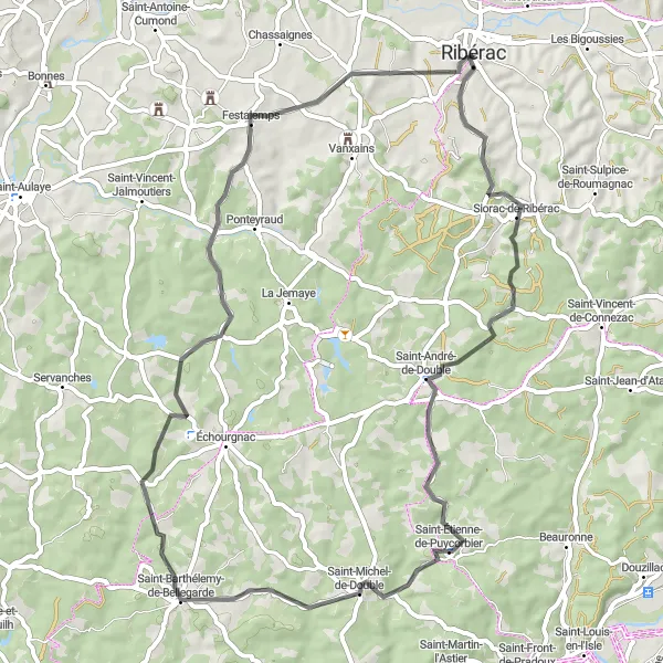 Map miniature of "A Journey through Villages: Ribérac Scenic Road Ride" cycling inspiration in Aquitaine, France. Generated by Tarmacs.app cycling route planner