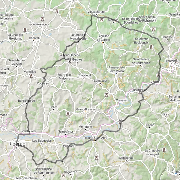 Miniatua del mapa de inspiración ciclista "Ruta de Ribérac a Douchapt" en Aquitaine, France. Generado por Tarmacs.app planificador de rutas ciclistas