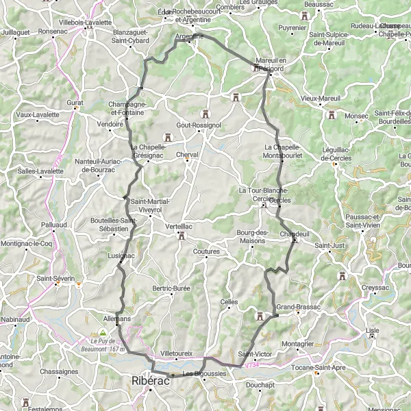 Miniatua del mapa de inspiración ciclista "Ruta por carretera a través de Allemans y Les Bigoussies" en Aquitaine, France. Generado por Tarmacs.app planificador de rutas ciclistas