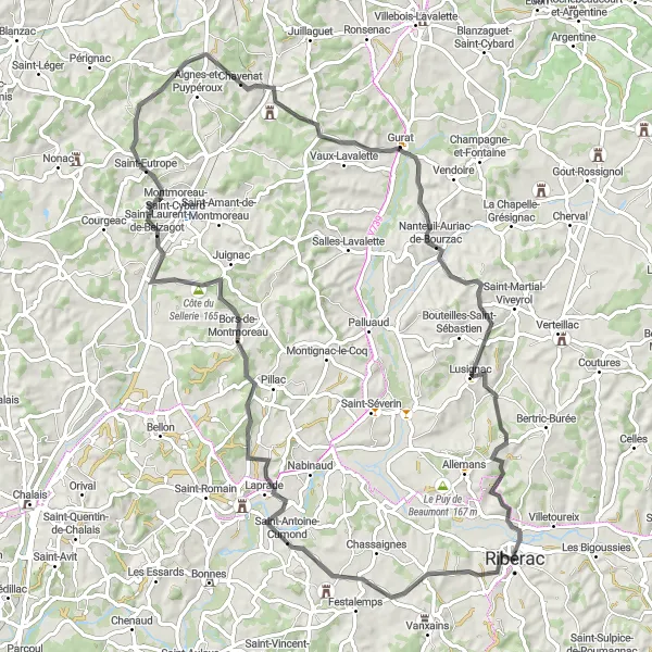 Map miniature of "Climb to La Borie and Traverse Scenic Routes to Lusignac and Côte du Sellerie" cycling inspiration in Aquitaine, France. Generated by Tarmacs.app cycling route planner