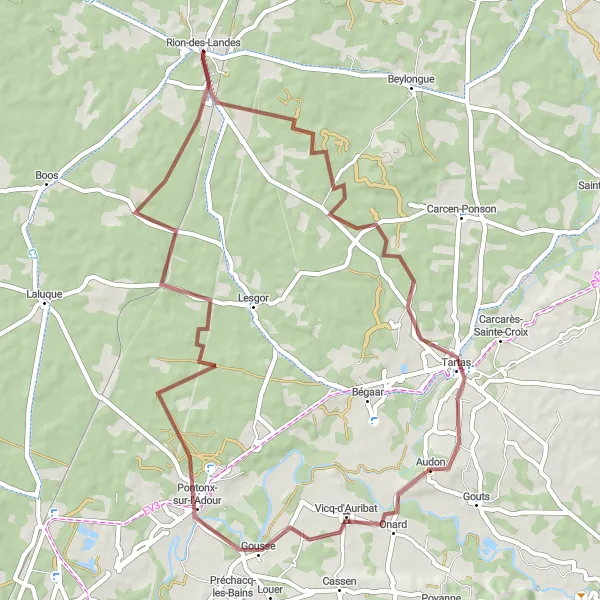 Miniatua del mapa de inspiración ciclista "Ruta de ciclismo de grava con paradas culturales cerca de Rion-des-Landes" en Aquitaine, France. Generado por Tarmacs.app planificador de rutas ciclistas