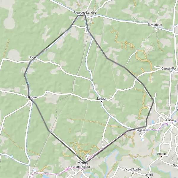 Map miniature of "Rion-des-Landes to Laluque Scenic Ride" cycling inspiration in Aquitaine, France. Generated by Tarmacs.app cycling route planner