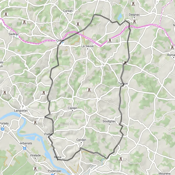 Map miniature of "Hills and Valleys" cycling inspiration in Aquitaine, France. Generated by Tarmacs.app cycling route planner