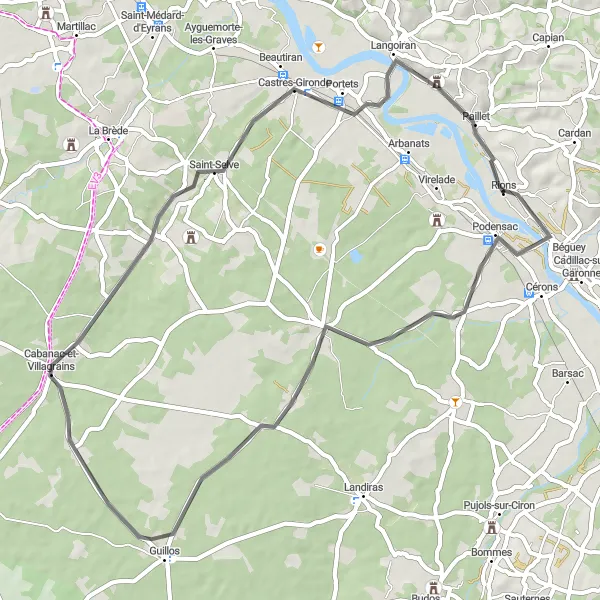Miniatua del mapa de inspiración ciclista "Sendero a Saint-Selve" en Aquitaine, France. Generado por Tarmacs.app planificador de rutas ciclistas