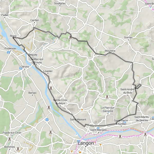 Miniatua del mapa de inspiración ciclista "Paseo en bicicleta de 48 km por la campiña francesa" en Aquitaine, France. Generado por Tarmacs.app planificador de rutas ciclistas