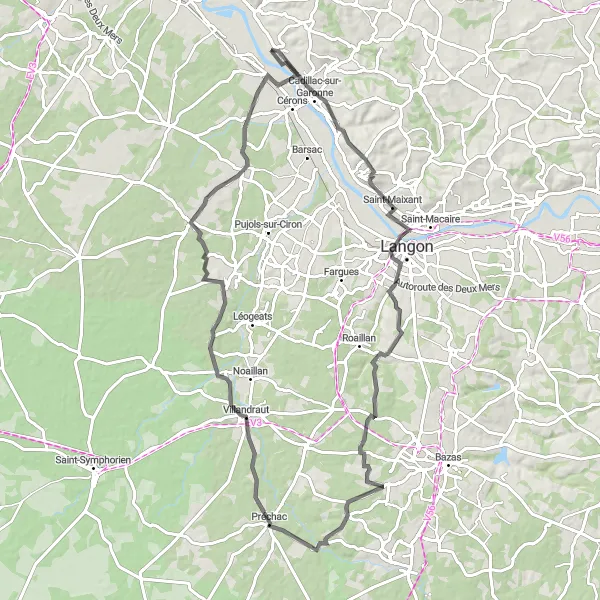 Miniatua del mapa de inspiración ciclista "Ruta por Rions y Villandraut" en Aquitaine, France. Generado por Tarmacs.app planificador de rutas ciclistas