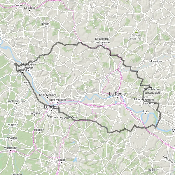 Miniature de la carte de l'inspiration cycliste "Circuit des Vignobles" dans la Aquitaine, France. Générée par le planificateur d'itinéraire cycliste Tarmacs.app