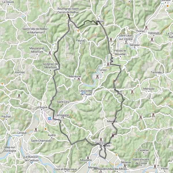 Map miniature of "Exploring the Vézère River" cycling inspiration in Aquitaine, France. Generated by Tarmacs.app cycling route planner