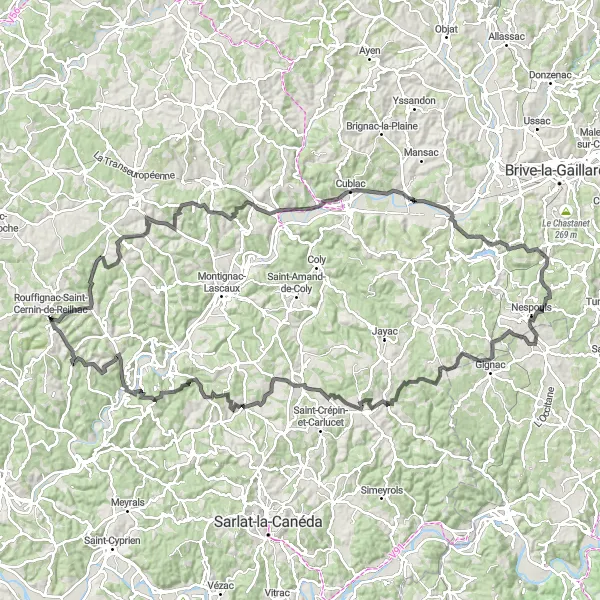 Map miniature of "Sarlat Hill Ride" cycling inspiration in Aquitaine, France. Generated by Tarmacs.app cycling route planner