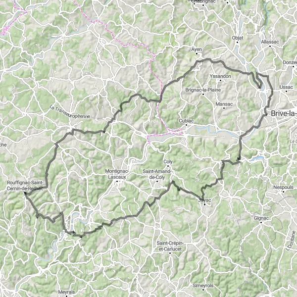 Map miniature of "Dordogne Valley Explorer" cycling inspiration in Aquitaine, France. Generated by Tarmacs.app cycling route planner