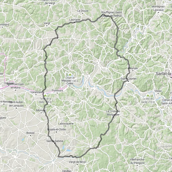 Map miniature of "Dordogne Valley Loop" cycling inspiration in Aquitaine, France. Generated by Tarmacs.app cycling route planner