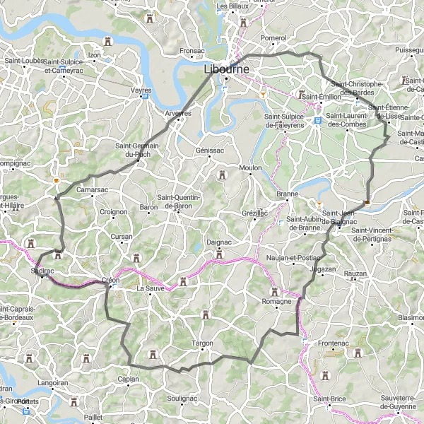 Map miniature of "Vineyards and Historical Sites" cycling inspiration in Aquitaine, France. Generated by Tarmacs.app cycling route planner