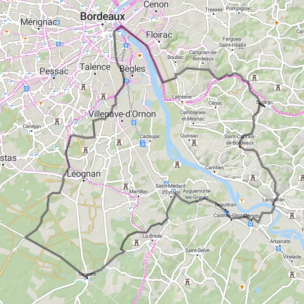 Map miniature of "Saint-Caprais-de-Bordeaux to Lignan-de-Bordeaux Route" cycling inspiration in Aquitaine, France. Generated by Tarmacs.app cycling route planner