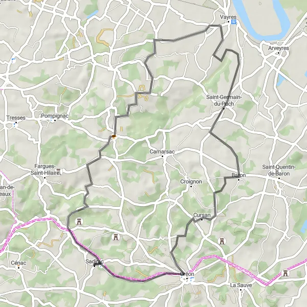 Map miniature of "Sadirac to Calamiac Route" cycling inspiration in Aquitaine, France. Generated by Tarmacs.app cycling route planner