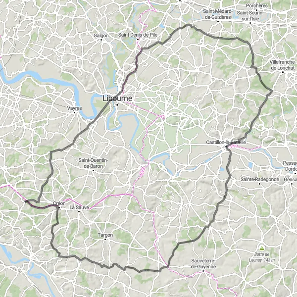 Map miniature of "Wine Country and Châteaux" cycling inspiration in Aquitaine, France. Generated by Tarmacs.app cycling route planner