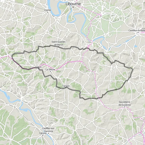 Map miniature of "Tizac-de-Curton to Lignan-de-Bordeaux Route" cycling inspiration in Aquitaine, France. Generated by Tarmacs.app cycling route planner