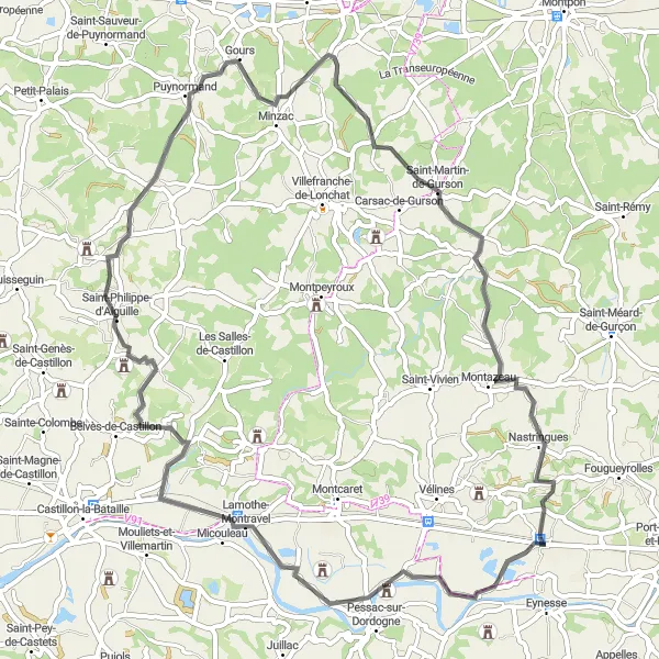 Miniature de la carte de l'inspiration cycliste "Boucle de Lamothe-Montravel" dans la Aquitaine, France. Générée par le planificateur d'itinéraire cycliste Tarmacs.app