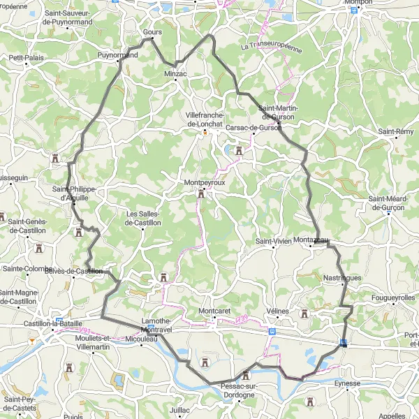 Map miniature of "The Vineyard Explorer" cycling inspiration in Aquitaine, France. Generated by Tarmacs.app cycling route planner