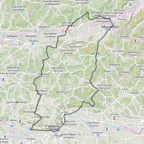 Miniature de la carte de l'inspiration cycliste "Parcours de Saint-Méard-de-Gurçon" dans la Aquitaine, France. Générée par le planificateur d'itinéraire cycliste Tarmacs.app