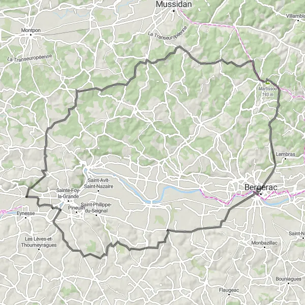 Miniature de la carte de l'inspiration cycliste "Boucle de Bergerac" dans la Aquitaine, France. Générée par le planificateur d'itinéraire cycliste Tarmacs.app