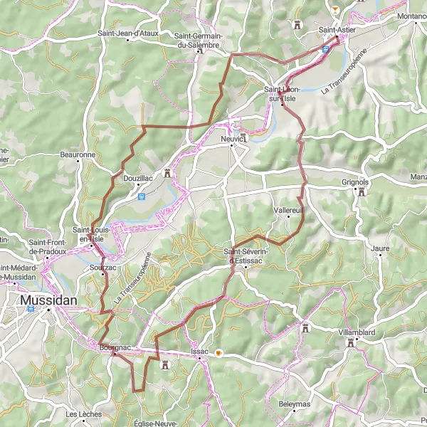 Miniatua del mapa de inspiración ciclista "Desafío en Gravel por Vallereuil y Sourzac" en Aquitaine, France. Generado por Tarmacs.app planificador de rutas ciclistas