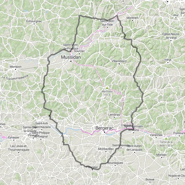 Miniatua del mapa de inspiración ciclista "Ruta de ciclismo de carretera hacia Beaulieu" en Aquitaine, France. Generado por Tarmacs.app planificador de rutas ciclistas