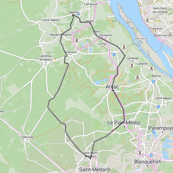 Map miniature of "The Charm of Médoc" cycling inspiration in Aquitaine, France. Generated by Tarmacs.app cycling route planner