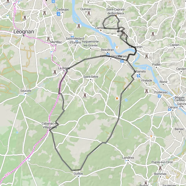 Miniature de la carte de l'inspiration cycliste "Parcours cycliste de Saint-Michel-de-Rieufret à Saint-Caprais-de-Bordeaux" dans la Aquitaine, France. Générée par le planificateur d'itinéraire cycliste Tarmacs.app