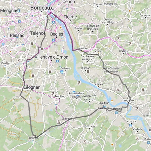 Map miniature of "Langoiran Adventure" cycling inspiration in Aquitaine, France. Generated by Tarmacs.app cycling route planner