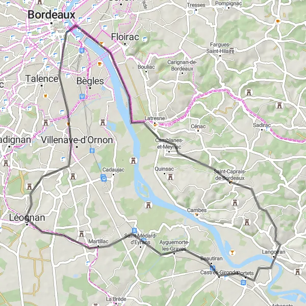 Miniature de la carte de l'inspiration cycliste "Exploration des environs de Langoiran" dans la Aquitaine, France. Générée par le planificateur d'itinéraire cycliste Tarmacs.app
