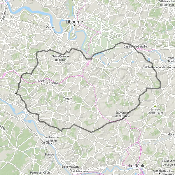 Map miniature of "The Quaint Villages Tour" cycling inspiration in Aquitaine, France. Generated by Tarmacs.app cycling route planner