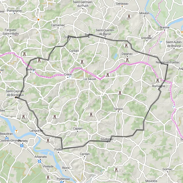 Map miniature of "Sadirac Loop" cycling inspiration in Aquitaine, France. Generated by Tarmacs.app cycling route planner