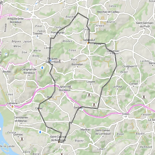 Map miniature of "The Bordeaux Vineyards Loop" cycling inspiration in Aquitaine, France. Generated by Tarmacs.app cycling route planner