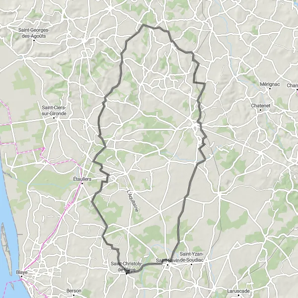 Map miniature of "Charming villages and scenic landscapes near Blaye" cycling inspiration in Aquitaine, France. Generated by Tarmacs.app cycling route planner