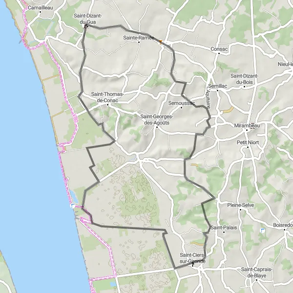 Miniature de la carte de l'inspiration cycliste "Escapade à travers les collines de la Gironde" dans la Aquitaine, France. Générée par le planificateur d'itinéraire cycliste Tarmacs.app