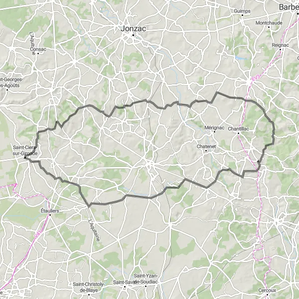 Map miniature of "Charming Villages and Vineyards" cycling inspiration in Aquitaine, France. Generated by Tarmacs.app cycling route planner