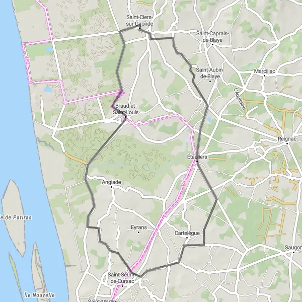 Map miniature of "Countryside Escape" cycling inspiration in Aquitaine, France. Generated by Tarmacs.app cycling route planner