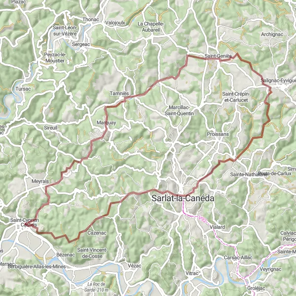 Miniatua del mapa de inspiración ciclista "Ruta de Grava de Saint-Cyprien" en Aquitaine, France. Generado por Tarmacs.app planificador de rutas ciclistas