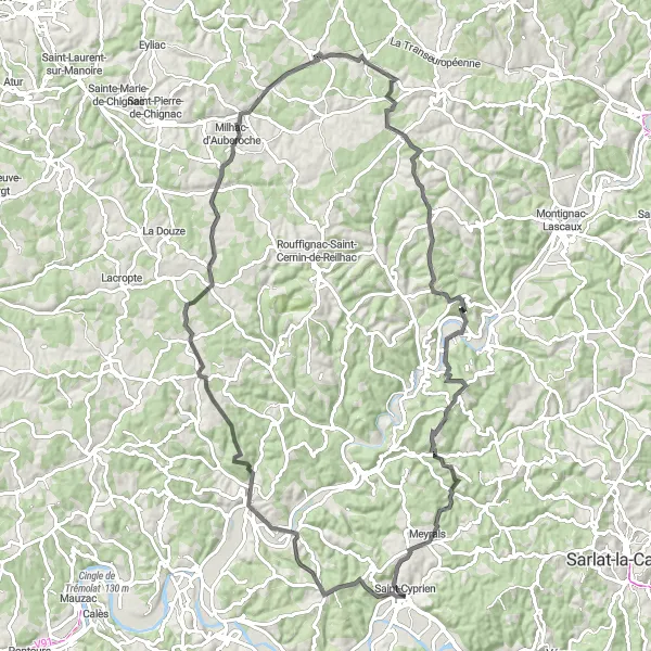 Miniatua del mapa de inspiración ciclista "Ruta en Bici de Carretera a Le Bugue" en Aquitaine, France. Generado por Tarmacs.app planificador de rutas ciclistas