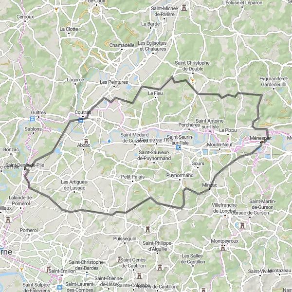 Miniatua del mapa de inspiración ciclista "Aventura en bicicleta de 75 km en Aquitania" en Aquitaine, France. Generado por Tarmacs.app planificador de rutas ciclistas