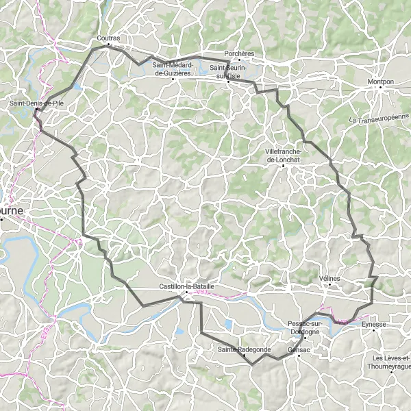Miniatua del mapa de inspiración ciclista "Ruta de los Viñedos y Castillos" en Aquitaine, France. Generado por Tarmacs.app planificador de rutas ciclistas