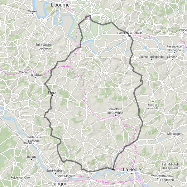 Miniatua del mapa de inspiración ciclista "Ruta de Castillon-la-Bataille" en Aquitaine, France. Generado por Tarmacs.app planificador de rutas ciclistas