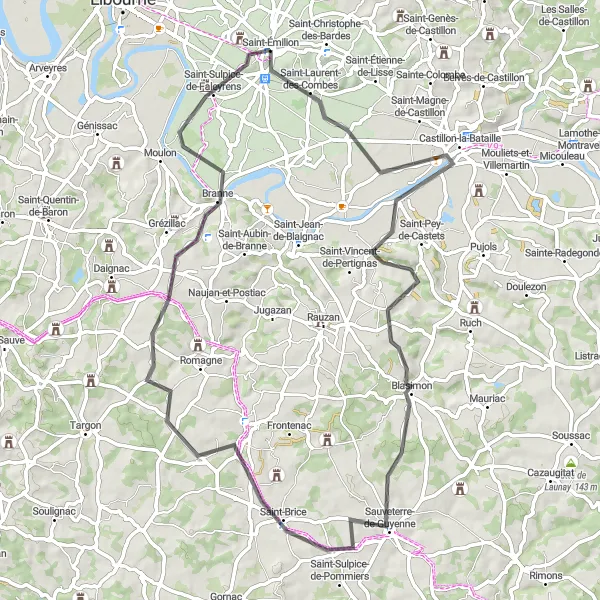 Map miniature of "The King's Route" cycling inspiration in Aquitaine, France. Generated by Tarmacs.app cycling route planner