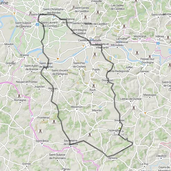 Miniatua del mapa de inspiración ciclista "Saint-Émilion - Castillon-la-Bataille" en Aquitaine, France. Generado por Tarmacs.app planificador de rutas ciclistas