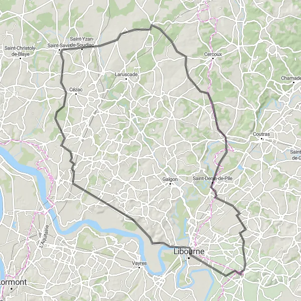 Miniatua del mapa de inspiración ciclista "Ruta de Cadillac-en-Fronsadais" en Aquitaine, France. Generado por Tarmacs.app planificador de rutas ciclistas