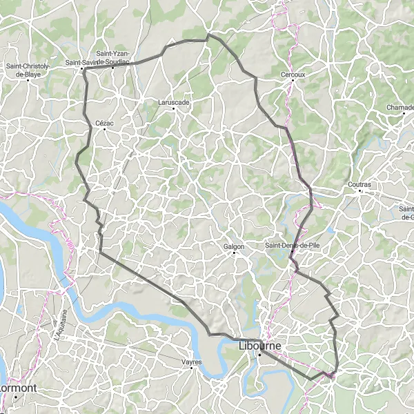 Map miniature of "The Castles Circuit" cycling inspiration in Aquitaine, France. Generated by Tarmacs.app cycling route planner