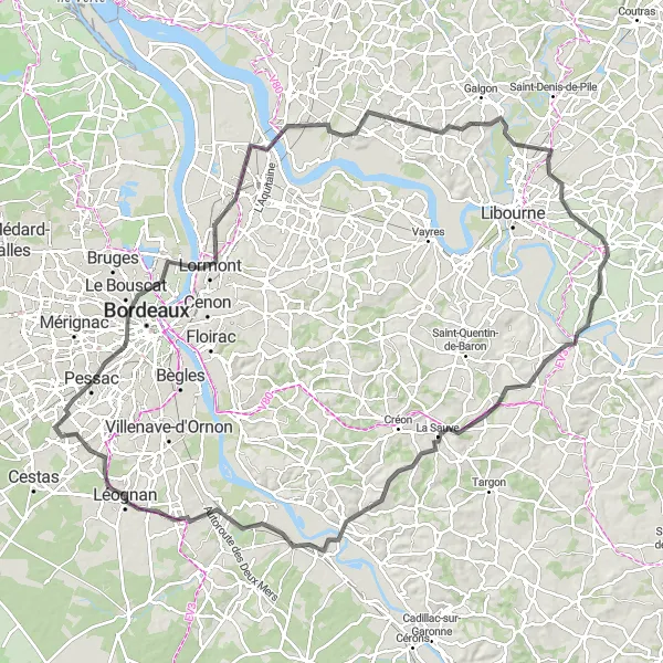 Map miniature of "The Route of the Graves Villages" cycling inspiration in Aquitaine, France. Generated by Tarmacs.app cycling route planner