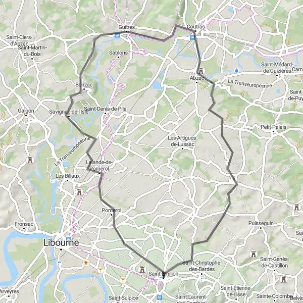 Miniatua del mapa de inspiración ciclista "Saint-Émilion - Lalande-de-Pomerol" en Aquitaine, France. Generado por Tarmacs.app planificador de rutas ciclistas