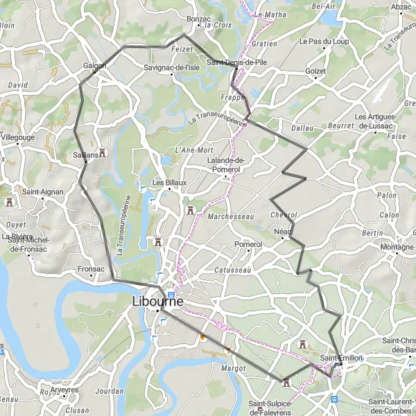 Miniatua del mapa de inspiración ciclista "Ruta de la Torre del Rey" en Aquitaine, France. Generado por Tarmacs.app planificador de rutas ciclistas
